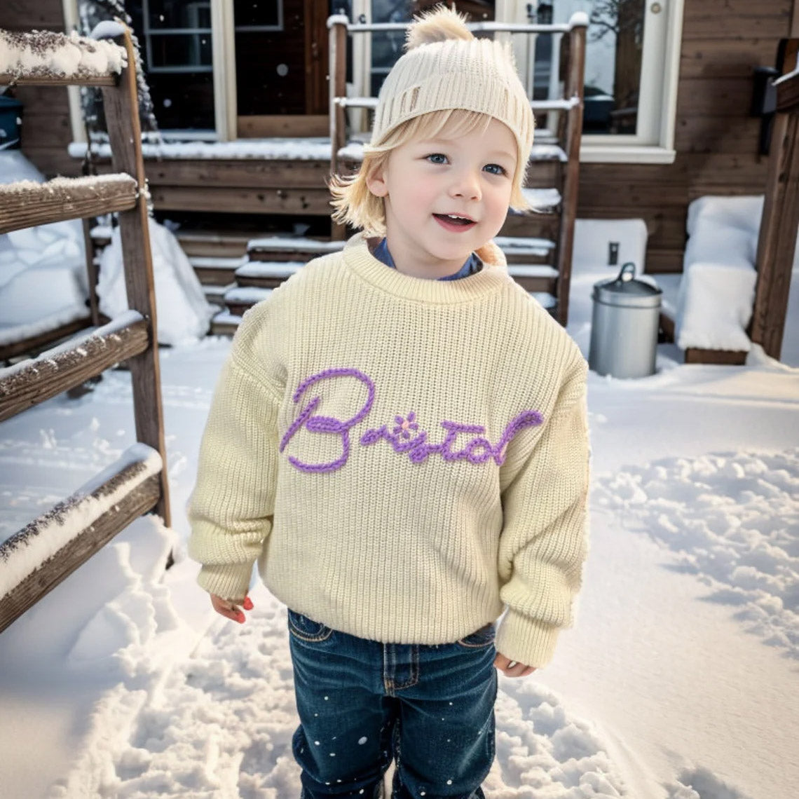 White Embroidered Name Baby Sweater