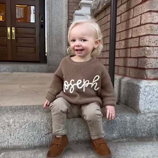 Grayish-blue Embroidered Name Baby Sweater